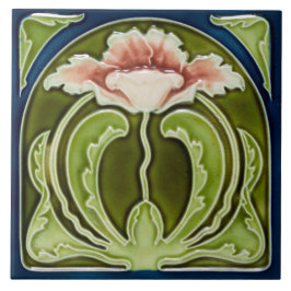 Reproduction Art nouveau Rosa Poppy on Grönt Tile Kakelplatta