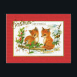 Reproduktion av Vintagen för julhälsningar Foxes Vykort<br><div class="desc">Vintage-vykort med en målning av två rävar sitta i snöfallet som besökte med en liten fågel och önskade julhälsningar till alla.</div>