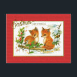 Reproduktion av Vintagen för julhälsningar Foxes Vykort<br><div class="desc">Vintage-vykort med en målning av två rävar sitta i snöfallet som besökte med en liten fågel och önskade julhälsningar till alla.</div>