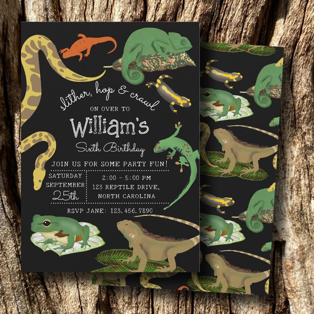 Reptil, Lizards och Amphibians Barns födelsedag Inbjudningar (Reptile, Lizards & Amphibians Kids Birthday Invitation)