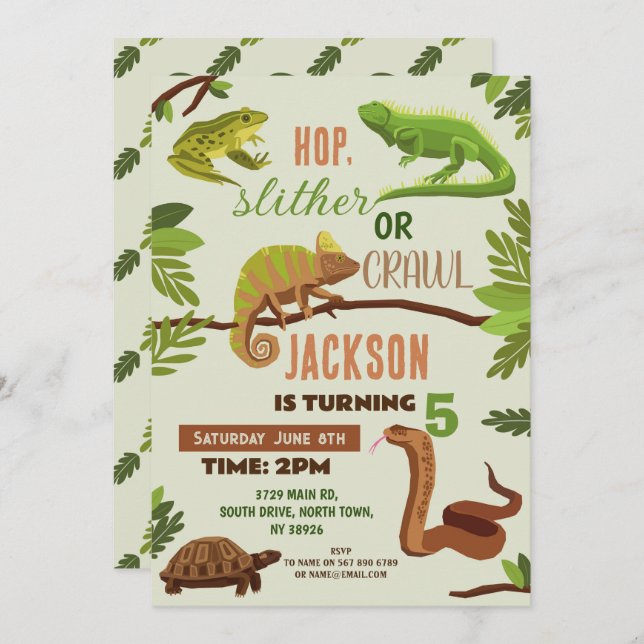 Reptiles Snake Födelsedagsfest Lizard Frogs Iguana Inbjudningar (Fram/baksida)