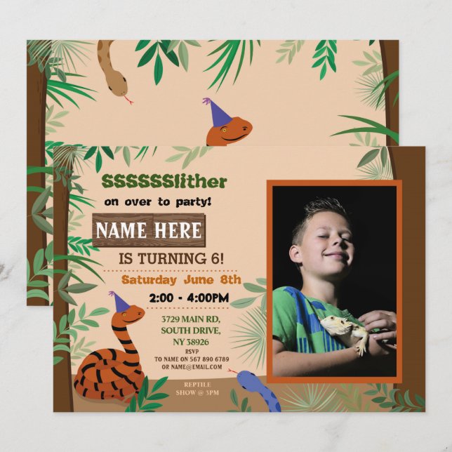 Reptilfoto för Födelsedagsfest av ögonblicksbild f Inbjudningar (Fram/baksida)