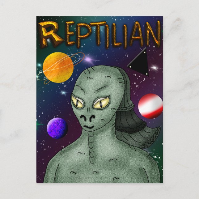 Reptilian Alien med Rymden Vykort (Framsida)