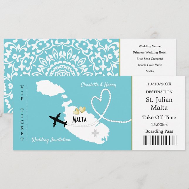Resa Biljett Boarding Pass Malta bröllopsinbjudnin Inbjudningar (Fram/baksida)
