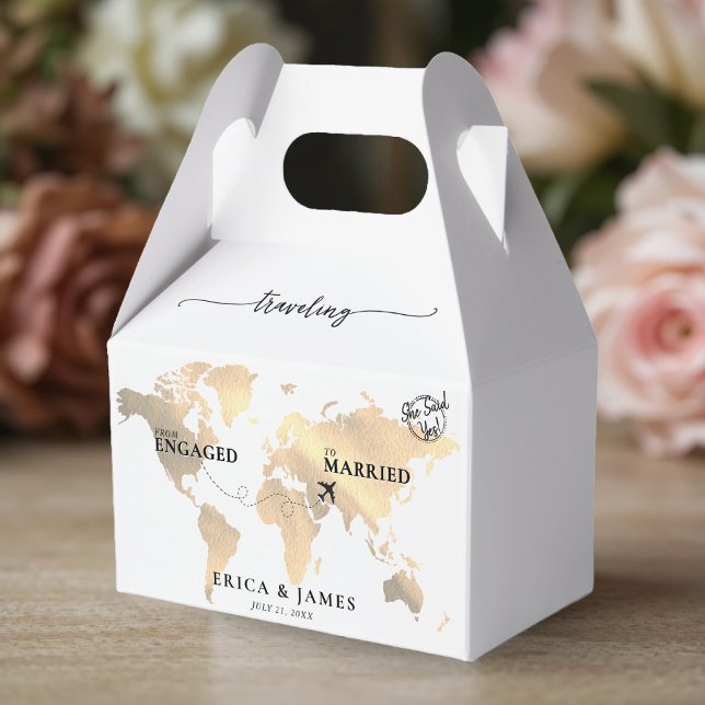 Resa från Engaged till Married Guld Karta Presentaskar (Traveling from Engaged to Married Gold Map Favor Boxes
)