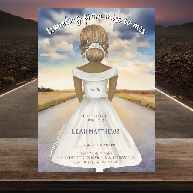 Resa från miss till Mrs Möhippa Inbjudningar (Traveling From Miss to Mrs Bridal Shower Invitation
)