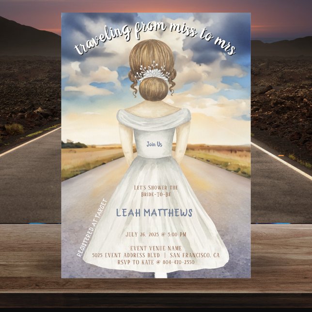 Resa från miss till Mrs Möhippa Inbjudningar (Traveling From Miss to Mrs Bridal Shower Invitation
)