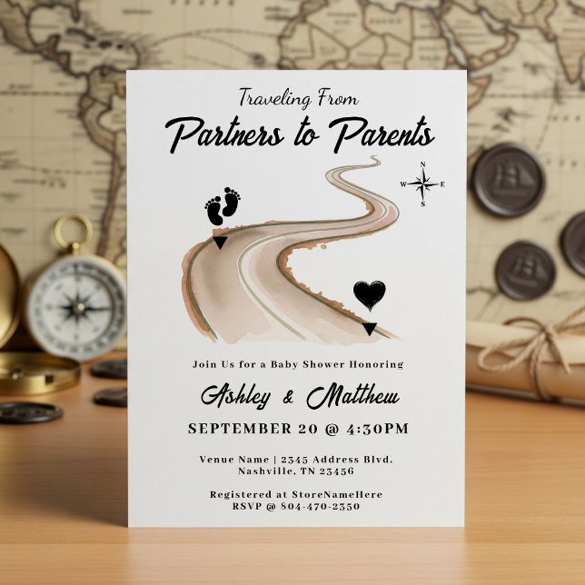 Resa från partners till föräldrababyskor inbjudningar (Traveling from Partners to Parents Baby Shower Invitation
)