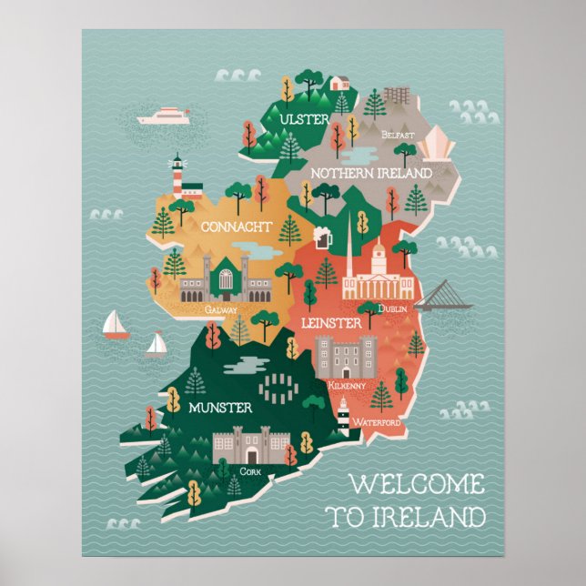 Resa Karta i Irland | Landmärken och städer Poster (Framsidan)