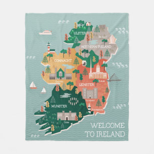 Resa kartan av Irland Landmarks & städer Fleecefilt