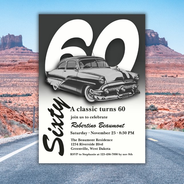 Resa Klassisk Grå Bil Firar 60-årsdag Inbjudningar (Skapare uppladdad)