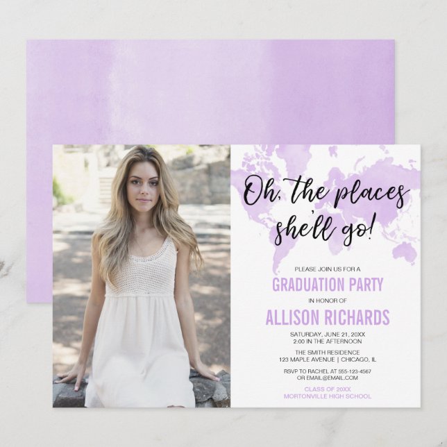 Resa oh ställen som hon ska går studentenfotoet inbjudningar (Fram/baksida)