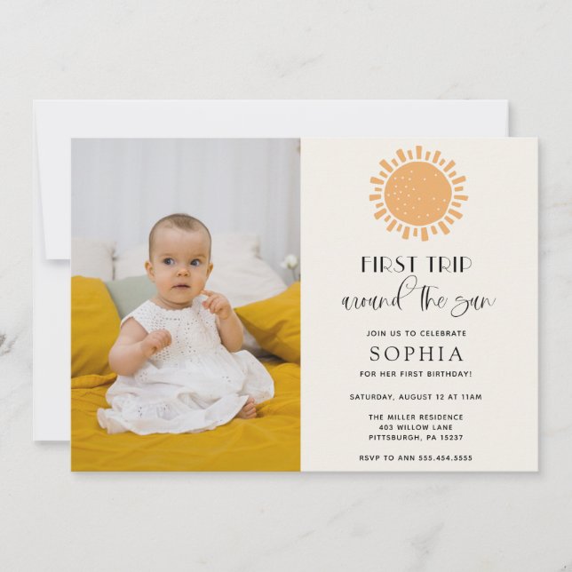 Resa runt Sol-inbjudan till foto på födelsedagen Inbjudningar (Framsida)