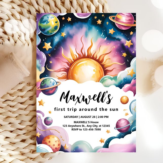 Resa runt Sol Watercolor Boy 1st Birthday Inbjudningar (Skapare uppladdad)