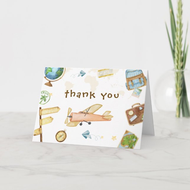 Resa runt världen flygplans baby shower tack kort (Framsida)