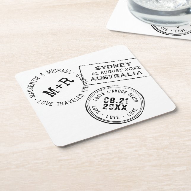 Resa Tema REDIGERBAR TEXT Passstämpel Underlägg Papper Kvadrat (Vinklad)