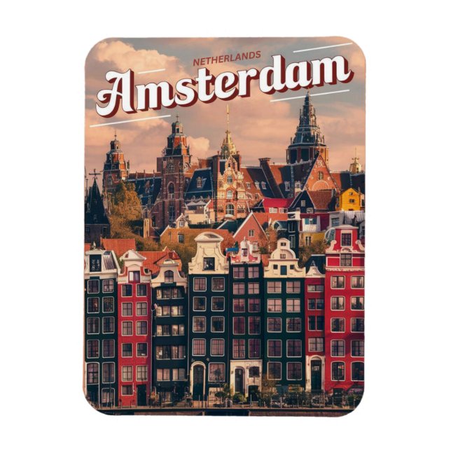 Resa till Amsterdam färgrika hus vintagepresenter  Magnet (Vertikal)