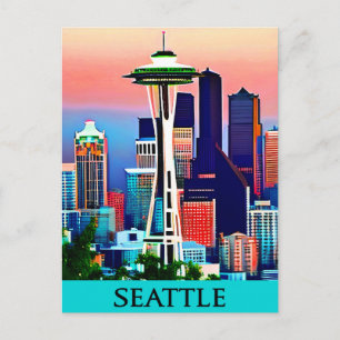Resaaffisch för Seattle under en gryning himmel Vykort
