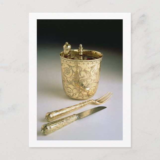 Resande av knivar, gaffel, sked och bägare. vykort (Framsida)