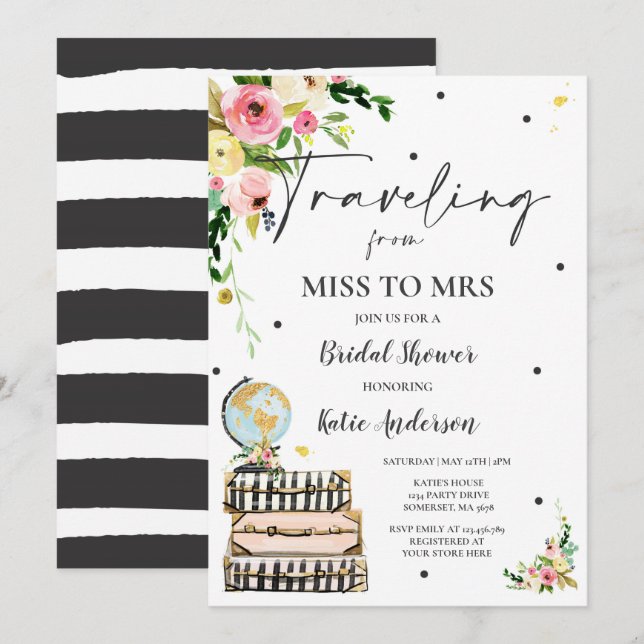 Resande från miss till Mrs Möhippa Karta Bride Inbjudningar (Fram/baksida)