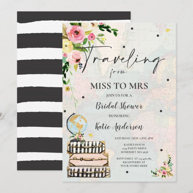 Resande från miss till Mrs Möhippa Karta Bride Inbjudningar (Fram/baksida)