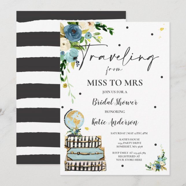 Resande från miss till Mrs Möhippa Karta Bride Inbjudningar (Fram/baksida)