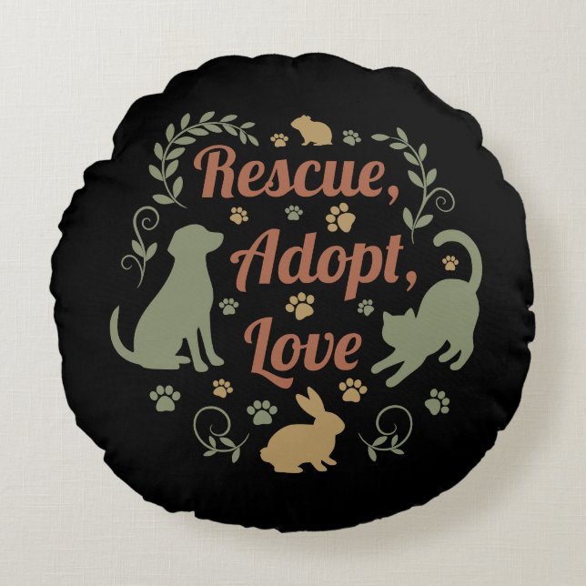 Rescue, Adopt, Love Rund Kudde (Framsidan)