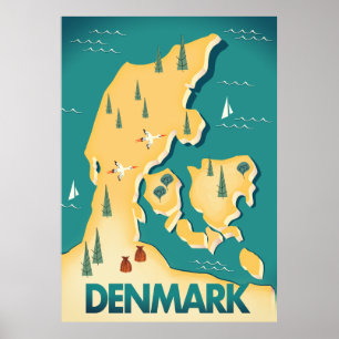 Reseaffisch för Danmarks Vintage karta Poster