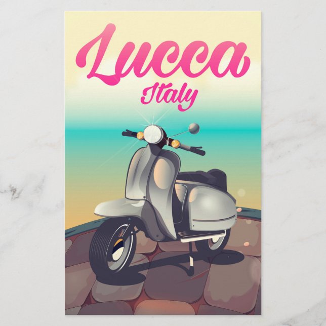 Reseaffisch för Lucca Italien Scooter. Brevpapper (Framsida)