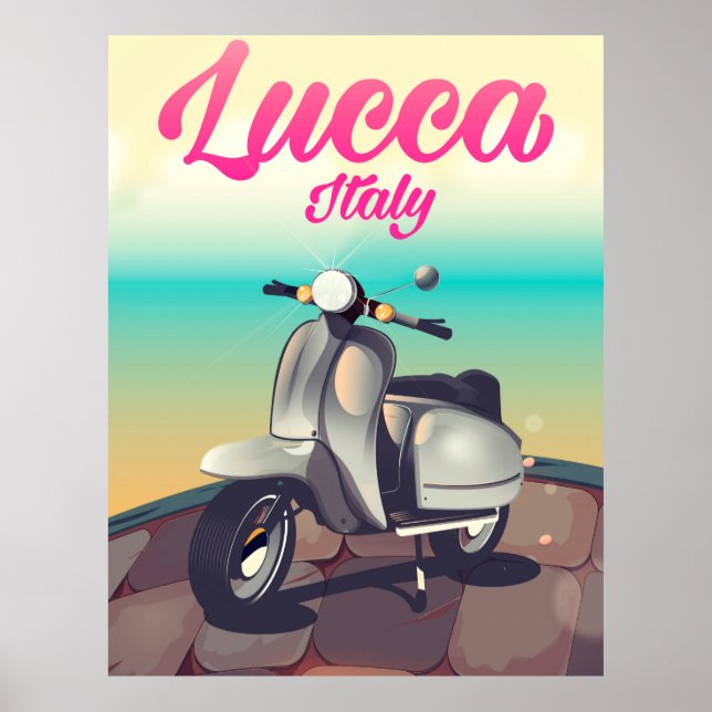 Reseaffisch för Lucca Italien Scooter. Poster (Framsidan)