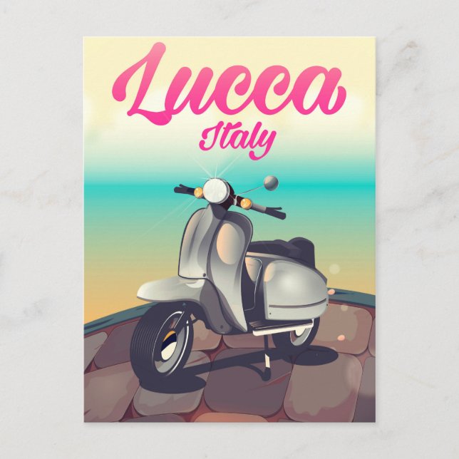 Reseaffisch för Lucca Italien Scooter. Vykort (Framsida)