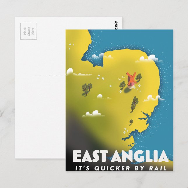 Reseaffisch för öster Anglia. Vykort (Fram/baksida)