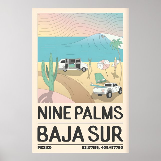 Researaffisch tryck Baja-kust med surfbrädor (Framsidan)