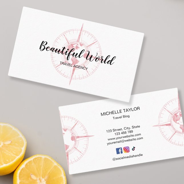 Resebyrån - Blogg - världskarta kompass Visitkort (pink watercolor compass with globe)