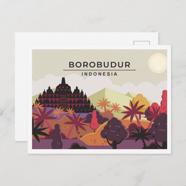 Reseillustration för Borobudur Magelang Indonesia Vykort (Fram/baksida)