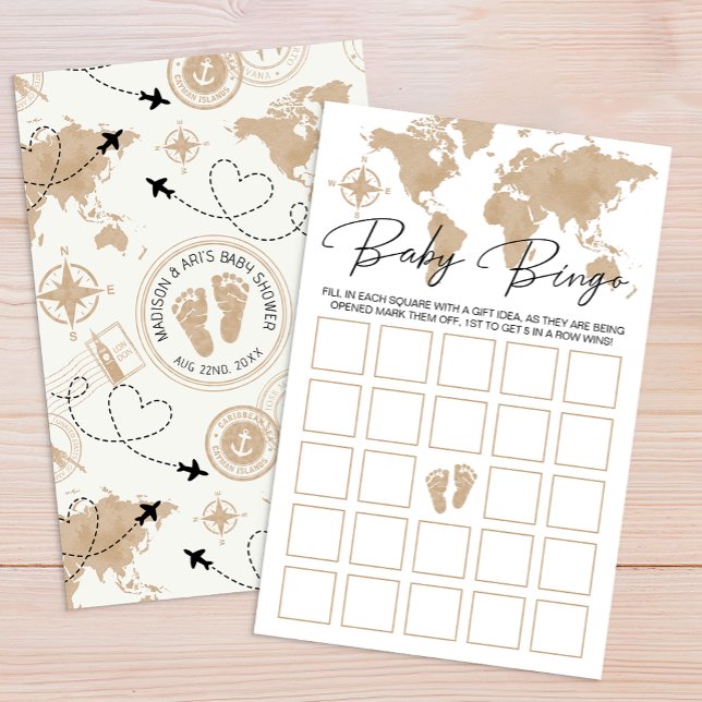 Resekort Äventyr Baby Bingo-spelkort (Baby Shower Baby Bingo)