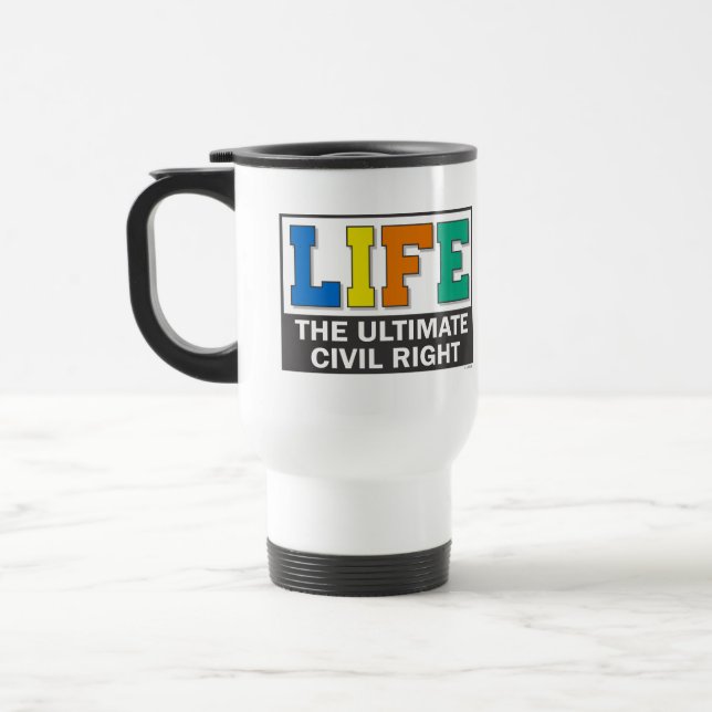 Resemugg med ett pro-life-meddelande. (Vänster)