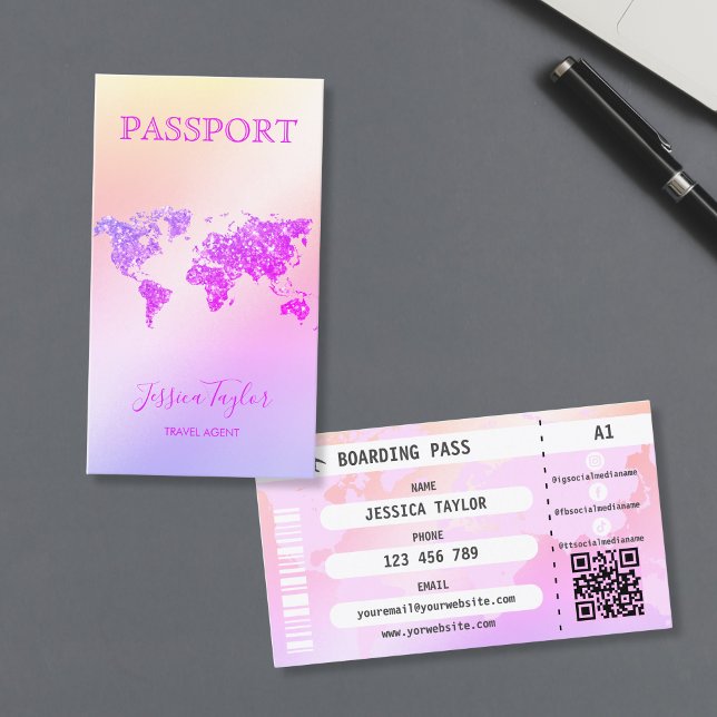 Resepass för passet Agent World Map Boarding Pass Visitkort (glitter passport cover business card with pink world map)