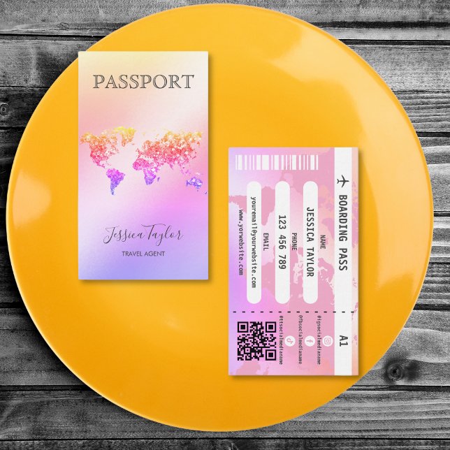 Resepass för passet Agent World Map Boarding Pass Visitkort (unique chic travel agent business card like a passport with glitter world map)