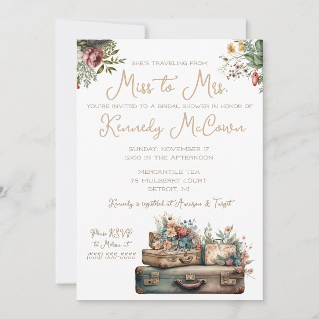 Reser från Fröken till Fru Vintage Bagage Inbjudningar (Framsida)