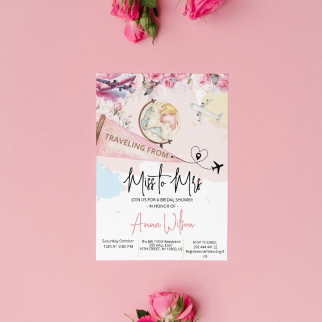 Reser från Fröken till Mrs Bröllopsdusch Blommig Inbjudningar (traveling from miss to mrs bridal shower invitations vintage adventure destination love is a journey)