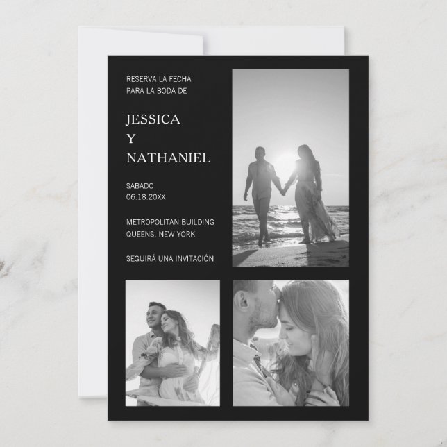 Reserva La Fecha Black Photo Collage spansk Spara Datumet (Framsida)