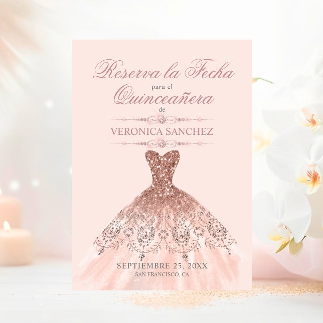 Reserva la Fecha Quinceañera Rosa Dress Spara Datumet (Reserva la Fecha Quinceañera Pink Dress Save The Date)