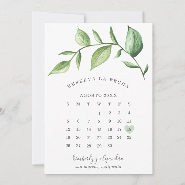 Reserva La Fecha Rustic Greenery Calendar Spanska Spara Datumet (Framsida)