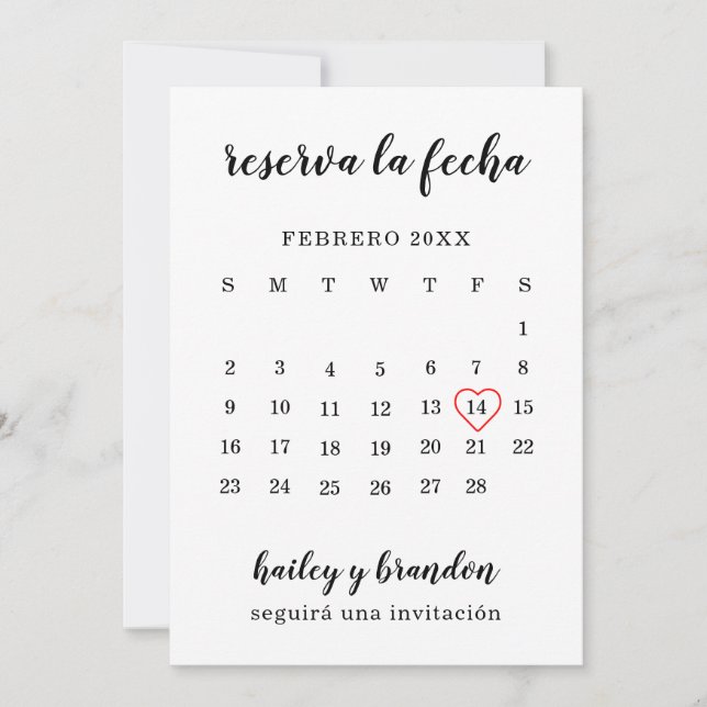 Reserva la Fecha Simple Calendar Red Heart Spanska Spara Datumet (Framsida)
