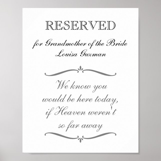 Reserverad Brudens Farmor Minnesbröllop Poster (Framsidan)