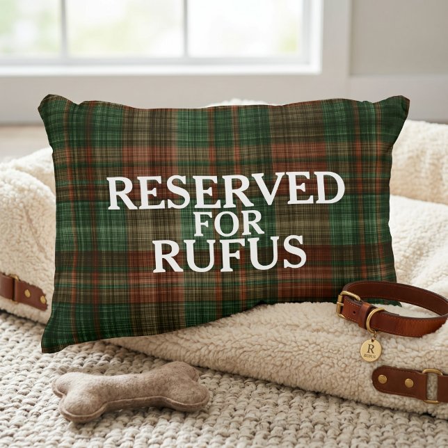 Reserverad för det personliga gröna tartan prydnadskudde (Reserved For The Personalized Accent Pillow by Ricaso - Green tartan color with pets name template)