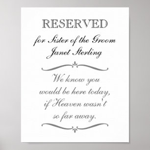 Reserverad plats Brudgummens syster Minnes- Bröllo Poster