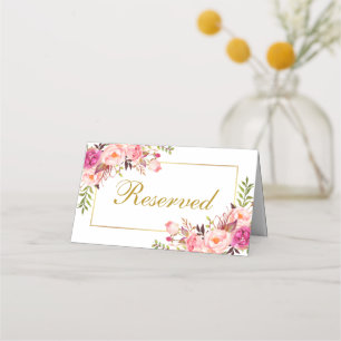Reserverad vattenfärgsfärg Rosa Blommigt Guld Bröl Placeringskort