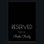 Reserverade svarta och vita Bröllop Bord-tecken Bordsnummer<br><div class="desc">Svart reserverade platskort som ska vikas till hälften efter köpet. Modern tryckt vit text och skript för linjen grund, denna anpassningsbar svartvitt stående kort kan användas för att reservera sittplatser för vilken grupp som helst - brudens familj, brudens sida etc., eller person - budens mamma, brudens syster osv. Använda om...</div>